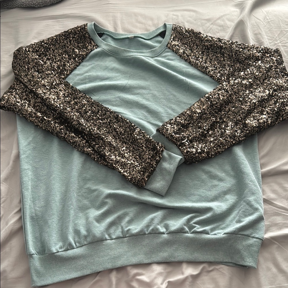 Sequin Sleeve crew neck Sweatshirt - turquoise Blue with Gold ish Silver sequin